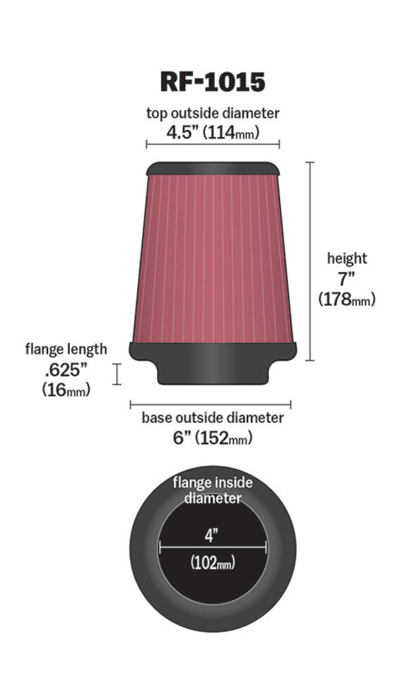 K&amp;N 6 inch OD-Base 4 1/2 inch OD-Top 7 Inch H Round Tapered Universal Air Filter - RF-1015