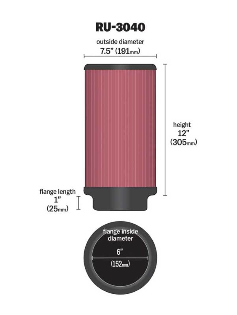 K&N Universal Rubber Filter 6in ID 7.5in OD 12in H - RU-3040