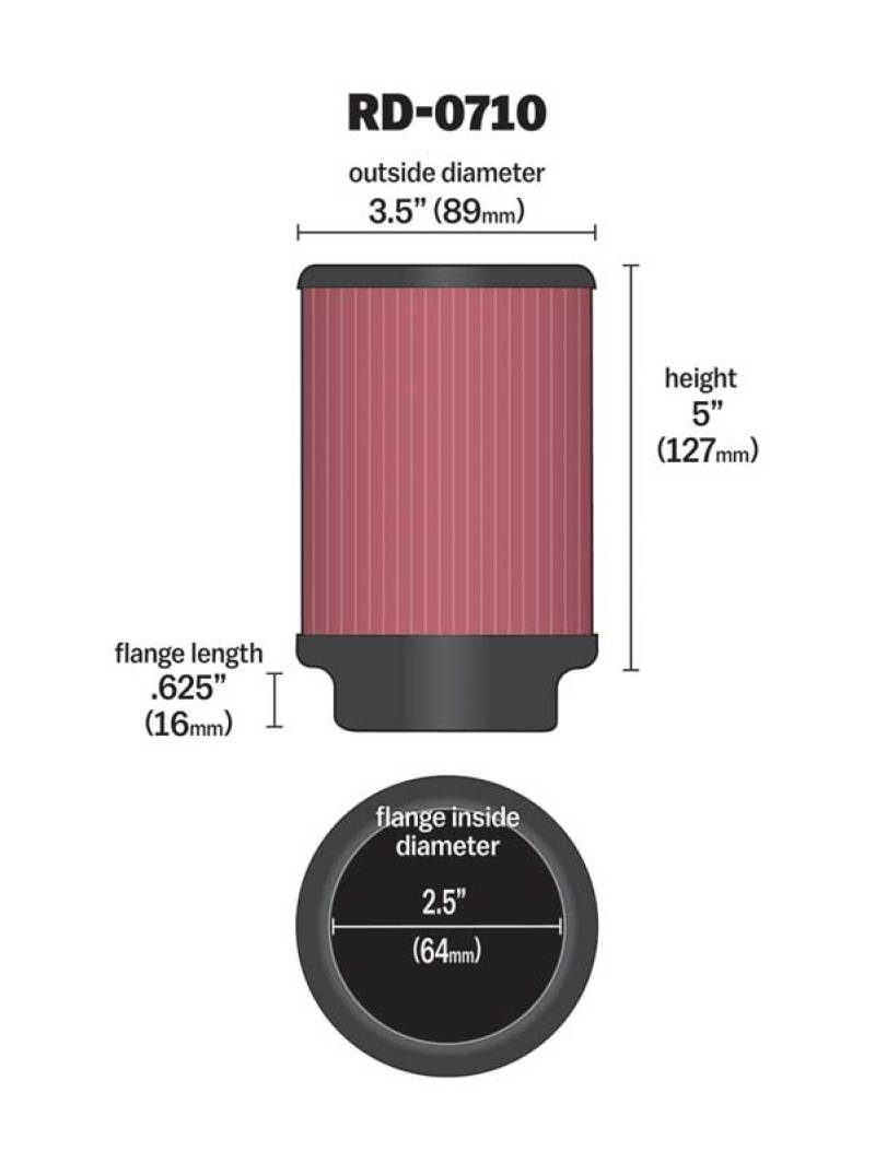 K&amp;N Universal Rubber Filter 2.5in Flange ID x 3.5in OD x 5in Height