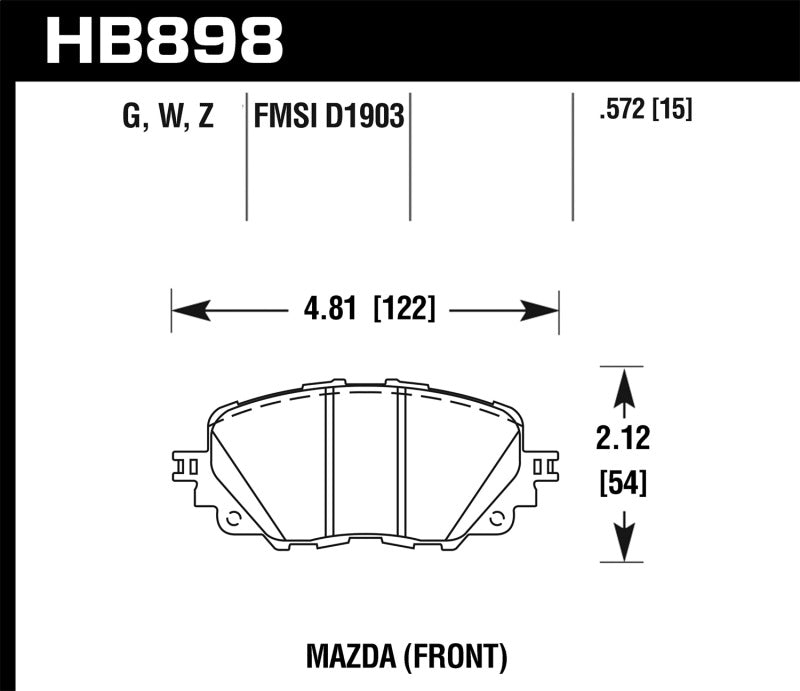 Hawk Mazda Miata MX-5 (ND) DTC-60 Front Brake Pads - HB898G.572 for 2016-2025 Mazda MX 5 Miata - detail view