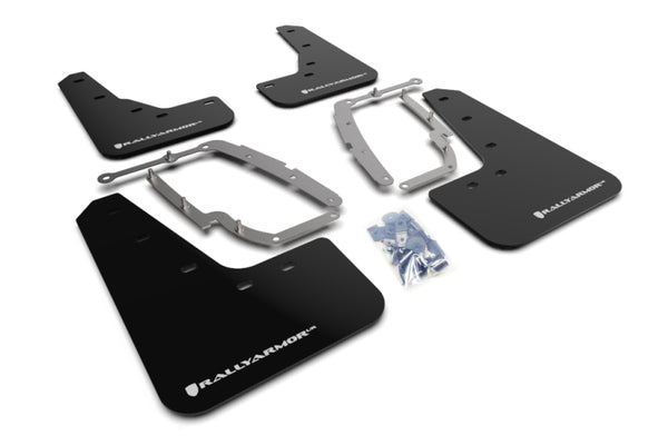 Rally Armor 17-22 Tesla Model 3 Black UR Mud Flap w/ White Logo - MF62-UR-BLK/WH for 2017-2023 Tesla 3 - front view