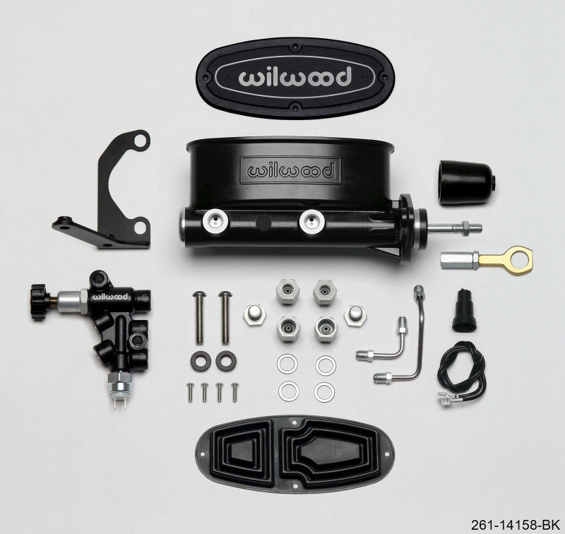 Wilwood HV Tandem M/C Kit w L/H Bracket &amp; Prop Valve - 15/16in Bore Black-W/Push. - Early Mustang - 261-14158-BK