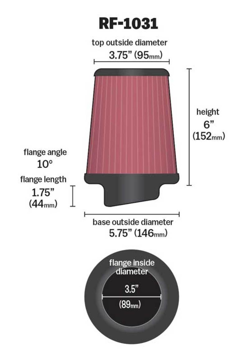 K&N Round Tapered Universal Air Filter 3.5in Flange ID / 5.75in Base OD / 3.75in Top OD / 6in H - RF-1031