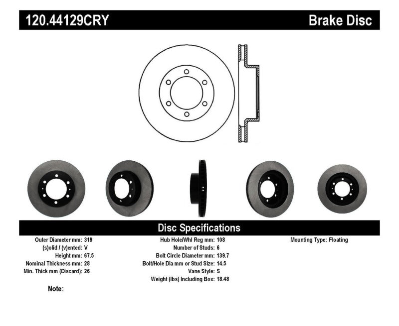 Stoptech 03-09 Toyota 4Runner / 05-14 Toyota FJ Cruiser Front Performance Cryo Brake Rotor - 120.44129CRY